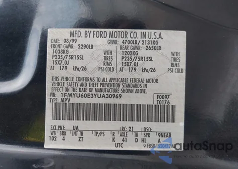 2000 Ford Explorer Sport из США, поврежденный, VIN 1FMYU60E3YUA30969